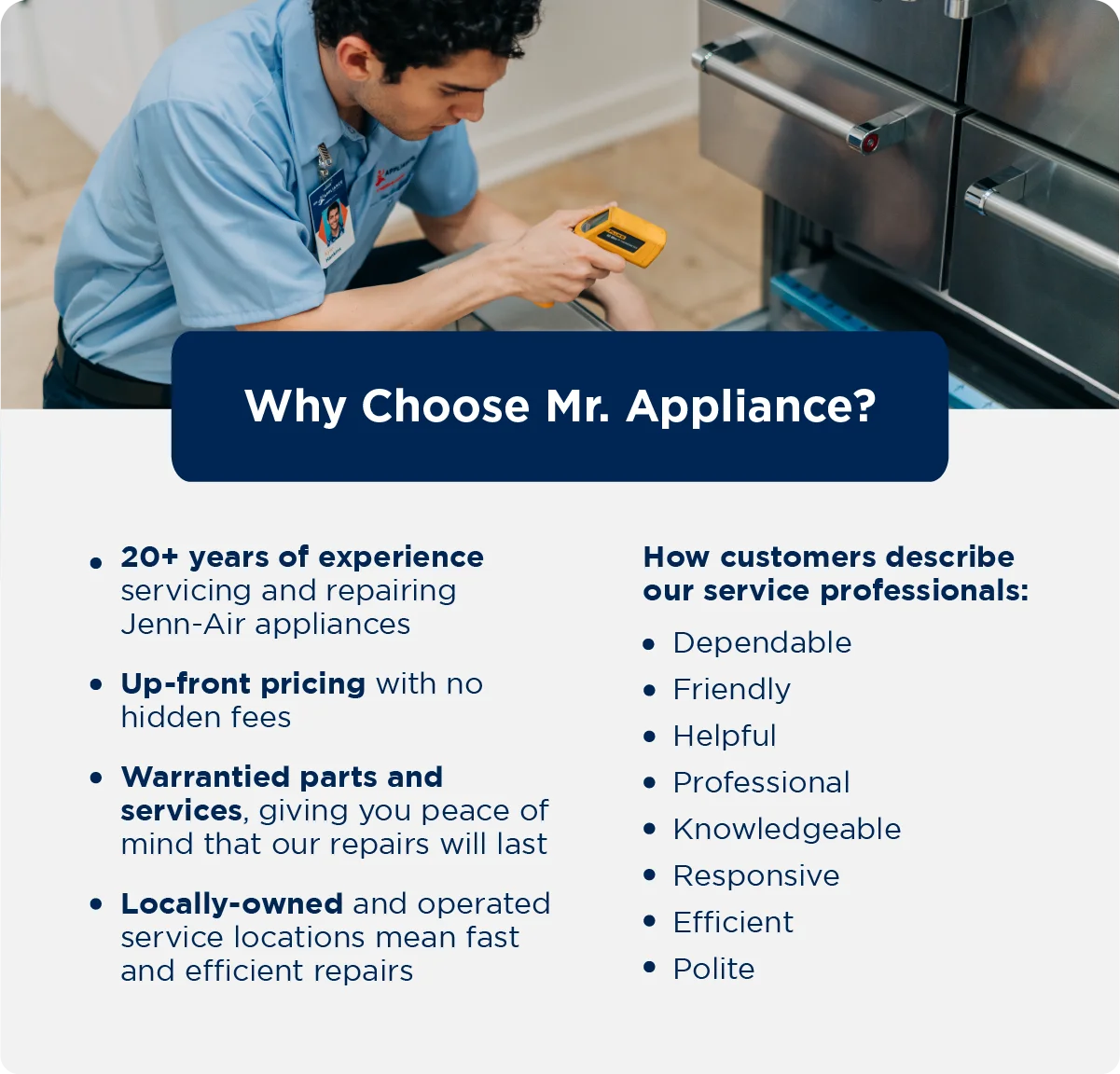 Illustration explaining the reasons a customer should choose Mr. Appliance for their Jenn-Air appliance needs