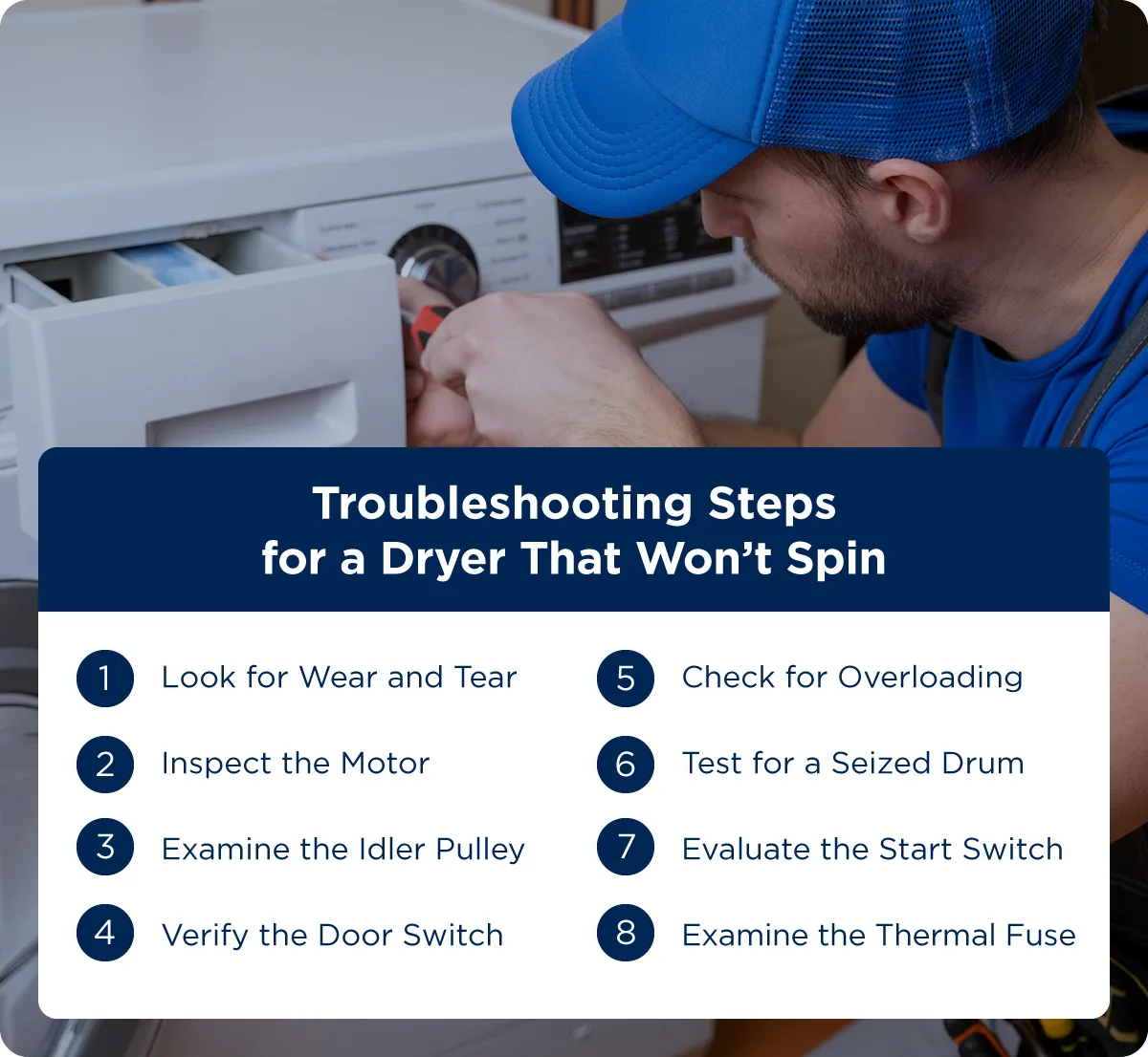 Troubleshooting steps to fix a dryer that won’t spin.