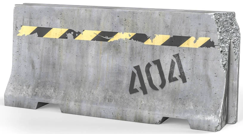 Weathered concrete Jersey barrier painted with black and yellow hazard stripes and number 404.