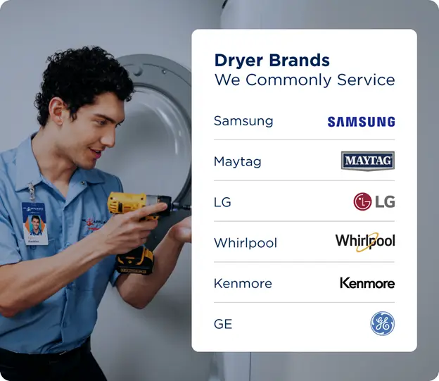 Man using a dryer to repair a dryer and a list of the dryer brands serviced by Mr. Appliance.