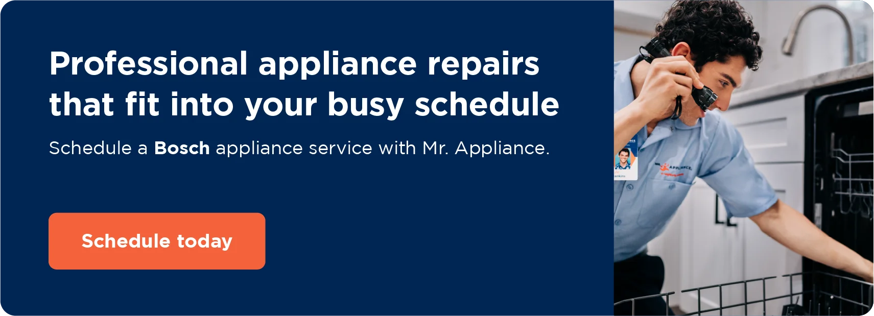 Graphic explaining how to schedule Bosch appliance repair with Mr. Appliance.