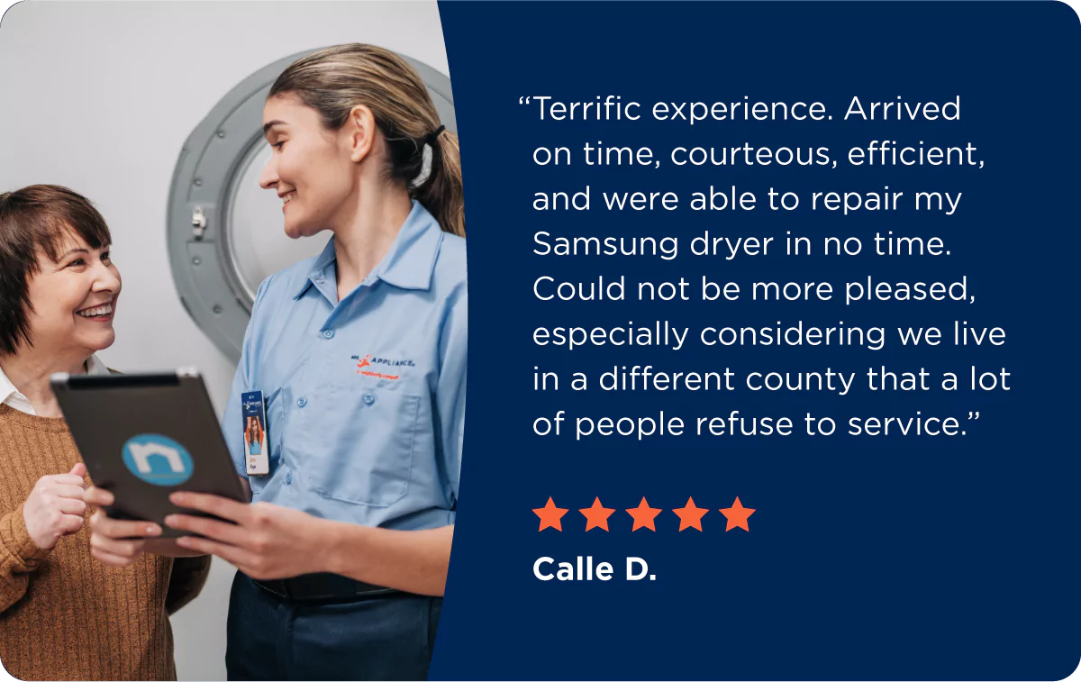 Testimonial for Mr. Appliance Samsung repairs, noting how service professionals were on time, courteous, efficient, and able to repair the dryer in no time.