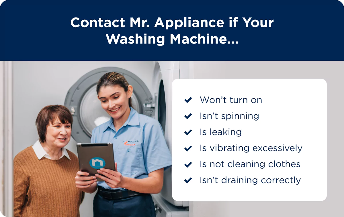 A service professional fixing a washing machine with a list of common issues, such as the washer won’t turn on, is leaking, vibrating excessively, not cleaning clothes, or isn’t draining.