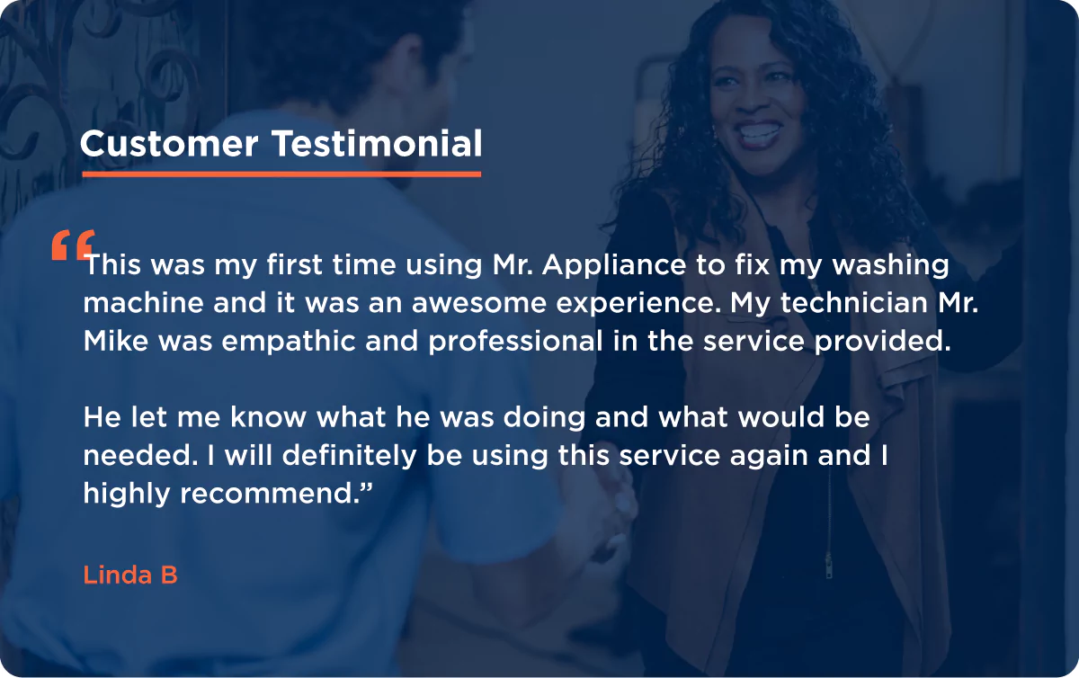 A customer testimonial highlighting how a customer is happy with their washing machine repair.