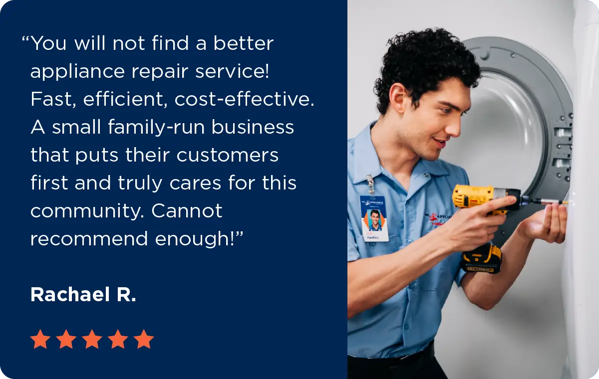 A Mr. Appliance service professional repairing a dryer with a testimonial for Mr. Appliance electric dryer repairs.