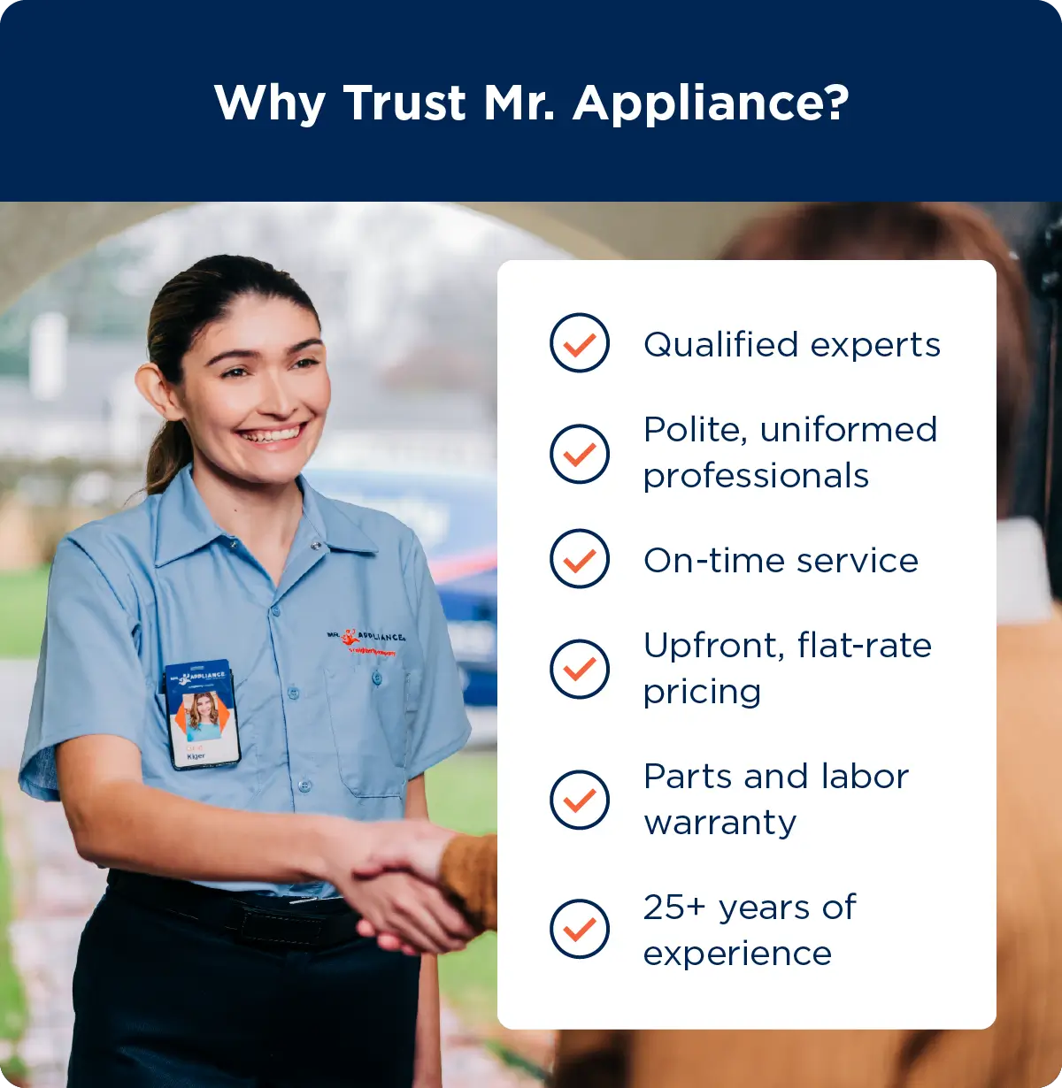List of reasons why you should hire Mr. Appliance for your electric dryer repairs, including qualified experts, polite professionals, on-time service, up-front pricing, parts and labor warranty, and 25+ years of experience.