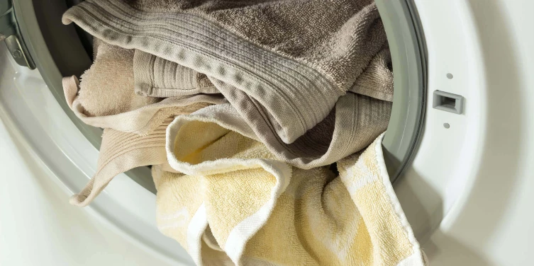Towels sticking out of the drum of an open dryer.