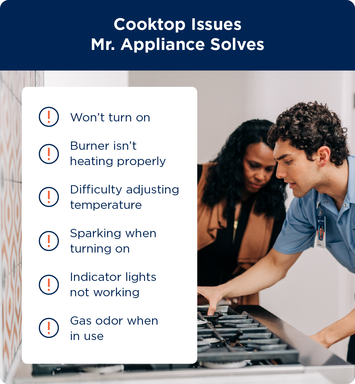 List of the cooktop problems Mr. Appliance solves: cooktop won’t turn on, burner isn’t heating properly, difficulty adjusting temperature, sparking when turning on, indicator lights not working, and gas odor when in use.