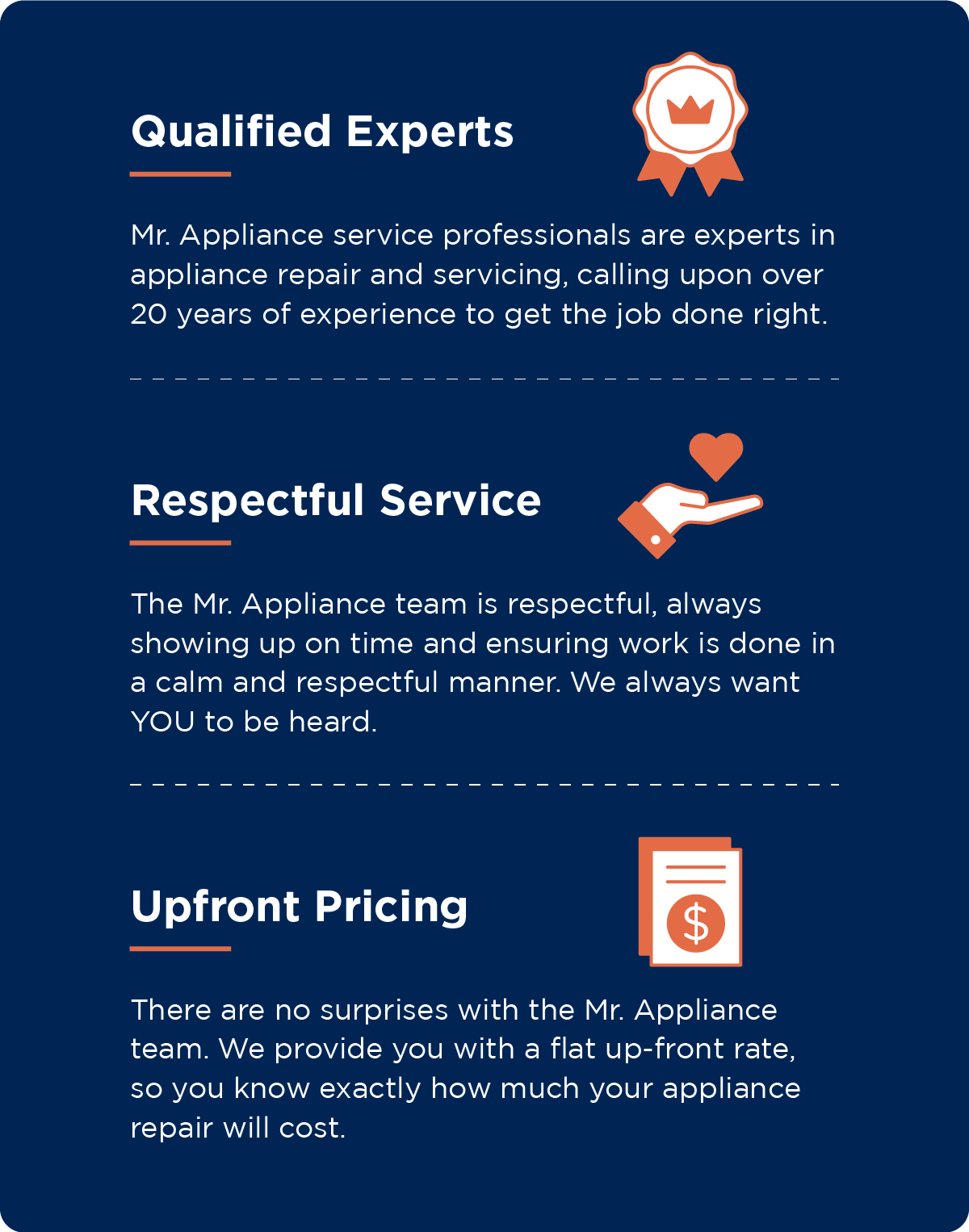 The reasons to hire Mr. Appliance: qualified experts, respectful service, upfront pricing