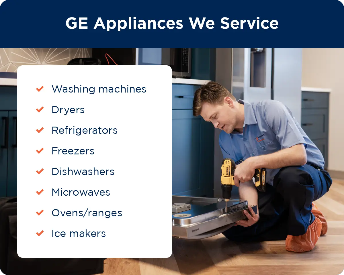 A Mr. Appliance service professional making a repair with a list of GE appliance repair services: washing machines, dryers, refrigerators, freezers, dishwashers, microwaves, ovens/ranges, and ice makers.